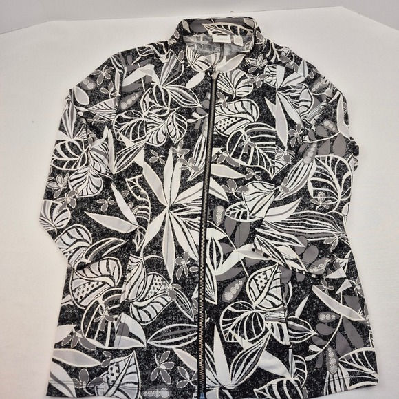 Weekends by Chicos Black White Floral Zip Front Jacket Womens Size 1 Lightweight - Picture 5 of 11